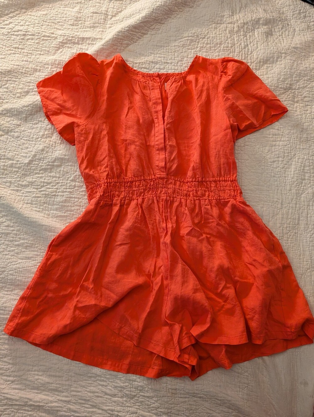 Anthropologie | Somerset Bright Coral 100% Linen Flutter Sleeve Romper Sz XL
